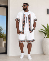 Big & Tall Men's Vintage Baroque Pattern Symmetrical Printed Hawaiian Holiday Button Shirt Short Sleeve Shorts Set