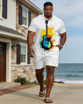 Large Size Men's Spring And Summer Casual Vacation Business Party White Music Guitar Pattern Short Sleeve POLO Shirt Shorts Set