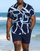 Large Size Men's Irregular Geometric Blue Short Sleeve Shirt Shorts Set