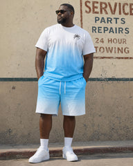 Big & Tall Men's White & Blue Mid Gradient Chest Hawaiian Coconut Tree Print Short Sleeve T-Shirt Shorts Set
