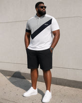 Big & Tall Men's Leisure Business Vacation Hawaii Simple Contrast Color Spliced POLO Shirt Short Sleeve Shorts Set