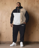 Large Size Men's Autumn And Winter Warm Cold-proof Contrast Color Stitching Chest Slogan Printed Hoodie Sweatpants Set