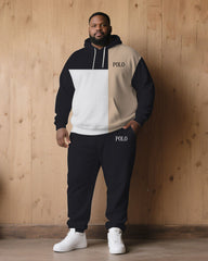 Large Size Men's Autumn And Winter Warm Cold-proof Contrast Color Stitching Chest Slogan Printed Hoodie Sweatpants Set
