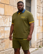 Big & Tall Men's Army Green Simple Chest Small Label Printed POLO Shirt Short Sleeve Shorts Set
