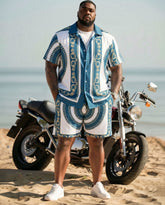 Big & Tall Men's Hawaiian Holiday Light Luxury Baroque Blue & White Short Sleeve Cardigan Shirt Shorts Set