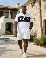 White Simple Chest Printed Polo Shirt Short Sleeve Pants Set Large Size Men