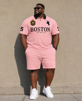 Big & Tall Men's Pink Sports Leisure Daily Pink Pattern Positioning Printed POLO Shirt Short Sleeve Shorts Set