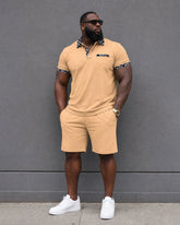 Big & Tall Men's Daily Travel Orange Neck Features Plaid Contrast Stitching POLO Shirt Short Sleeve Shorts Set