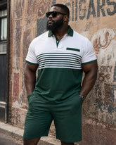 Big & Tall Men's Daily Casual Simple Green & White Stripe Contrast Short Sleeve POLO Shirt Shorts Set