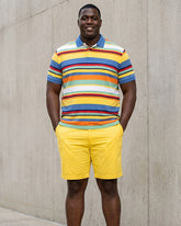 Big & Tall Men's Yellow Colorful Striped Business Polo Shirt Short Sleeve Shorts Set