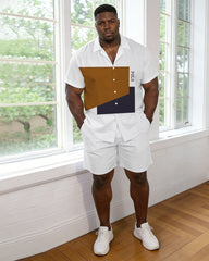 Plus-size Men’s White Contrast-color Short-sleeve Shirt And Pants Set