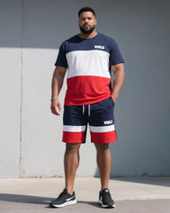 Big & Tall Men’s Royal Blue, White, And Black Patchwork Contrasting Color Chest “World” Slogan Printed T-Shirt And Shorts Set