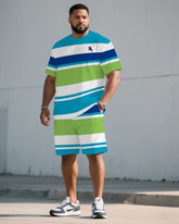 Big & Tall Men's Blue And Blue Colorful Striped Chest Pony Print T-Shirt Shorts Set