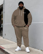Large Size Men's Autumn And Winter Warm Cold-proof Grey Curry & Black Contrast Small Label Printed Hoodie Sweatpants Set