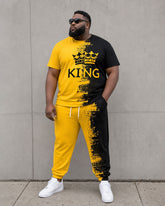 Big & Tall Men's Yellow & Black Splash Ink Design Irregular Pattern KING Chest Large Printed Short Sleeve T-Shirt Sports Pants Set
