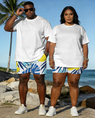 Big & Tall Spring And Summer New Valentine's Day Dating Party Party Vacation Plant Printed White Crewneck Short Sleeve T-Shirt Shorts Set Couple Dress