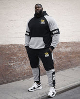 Large Size Men's Autumn And Winter Warm Cold-proof Gentleman Black & Grey King Crown Logo Printed Hoodie Sweatpants Set
