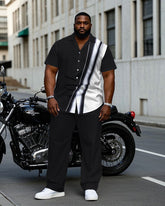 Big & Tall Men's Black & White Irregular Contrast Comfortable Short Sleeve Shirt Pants Set