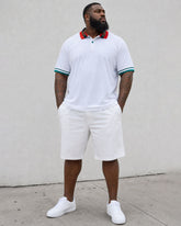 Big & Tall Men's Daily Travel Neck Red Pattern Print Contrast White POLO Shirt Short Sleeve Shorts Set