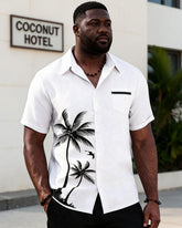 Big & Tall Men's Details Page Holiday Leisure Travel Party White Coconut Silhouette Print Short Sleeve Cardigan Shirt