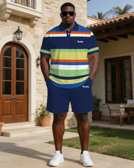 Business Casual Contrast Striped Polo Shirt Set Large Size Men
