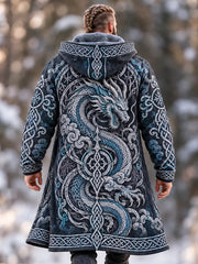 Men's Vintage Dragon Celtic Knot Art Print Fleece-lined Warm Mid-length Zip Up Hooded Coat
