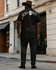 Big & Tall Men's Western Skull Rose Short Sleeve Shirt Pants Set