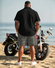 Big & Tall Men's Retro Geometric Patchwork Printed Cardigan Short Sleeve Shirt Shorts Set