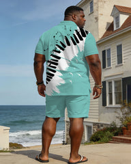 Large Size Men's Spring And Summer Leisure Vacation Business Party Green & White Music Pattern Short Sleeve POLO Shirt Shorts Set