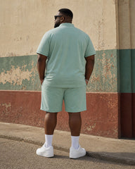 Big & Tall Men's Green Irregular Geometric Contrast Printed Button POLO Shirt Short Sleeve Shorts Set