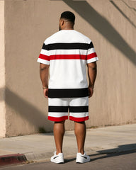 Big & Tall Men's Simple Casual Thick Striped Stitching T-Shirt Shorts Set