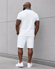 Big & Tall Men's White & Black Check Neckline Design Stitching POLO Shirt Short Sleeve Shorts Set