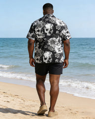 Large Size Men's Black Skull Rose Holiday Short Sleeve Shirt Shorts Set