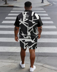 Men's Plus Size Printed Contrast Black Short Sleeve Shirt Shorts Set