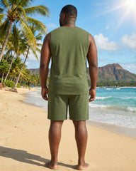 Hawaii Holiday Daily Small Coconut Tree Silhouette Print Army Green Vest Shorts Set Large Size Men