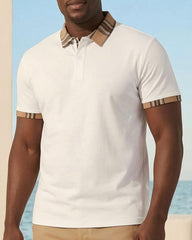 Big & Tall Men's Neckline Features Stitching Khaki Check POLO Short Sleeve Shorts Set