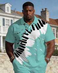 Large Size Men's Spring And Summer Leisure Vacation Business Party Green & White Music Pattern Short Sleeve POLO Shirt Shorts Set