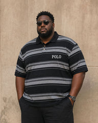 Big & Tall Men's Classic Black Striped Cloth Casual Business Hawaii Vacation POLO Shirt Short Sleeve Shorts Set