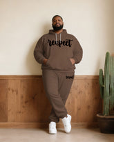 Large Size Men's Autumn And Winter Warm Cold-proof Brown "respect" Slogan Printed Hoodie Sweatpants Set