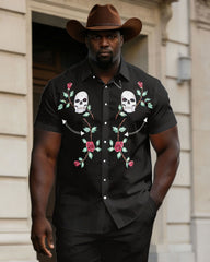 Big & Tall Men's Western Skull Rose Short Sleeve Shirt Pants Set