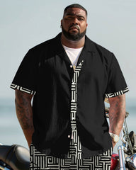 Big & Tall Men's Retro Geometric Patchwork Printed Cardigan Short Sleeve Shirt Shorts Set