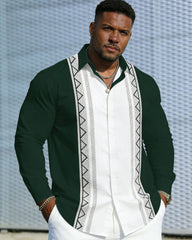 Men's Plus Size Casual Holiday White & Green Geometric Gentleman Wrinkle-Reproof New Lapel Long Sleeve Shirt
