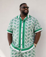 Big & Tall Men's Luxury Baroque Green Pattern Printed Button Shirt Short Sleeve Shorts Set