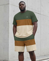 Big & Tall Men's Green & Khaki & Apricot Large Color Block Stitching Chest Printed Short Sleeve T-Shirt Shorts Set