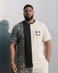 Big & Tall Men's Ethnic Pattern Stitching Chest Smiley Printed T-shirt Shorts Khaki Suit