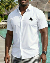 Big & Tall Men's White Pony Icon & Stripe With Button White Shirt Shorts Set