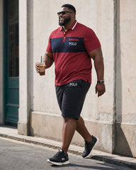 Big & Tall Men's Dark Red & Black Business Travel Casual POLO Shirt Short Sleeve Shorts Set