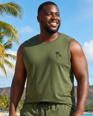 Hawaii Holiday Daily Small Coconut Tree Silhouette Print Army Green Vest Shorts Set Large Size Men