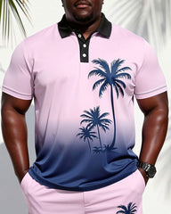 Big & Tall Men's Pink Holiday Hawaiian Coconut Tree Gradient POLO Shirt Short Sleeve Shorts Set