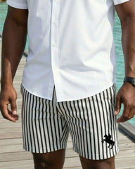 Big & Tall Men's White Pony Icon & Stripe With Button White Shirt Shorts Set